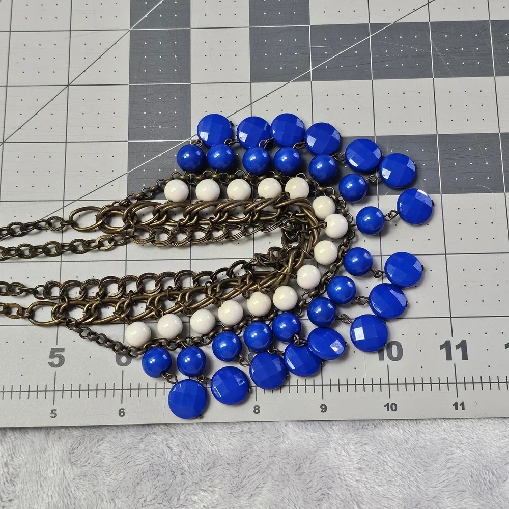Nordstrom Brass Multi Chain Bib Necklace Royal Blue White Bead Statement 2010s